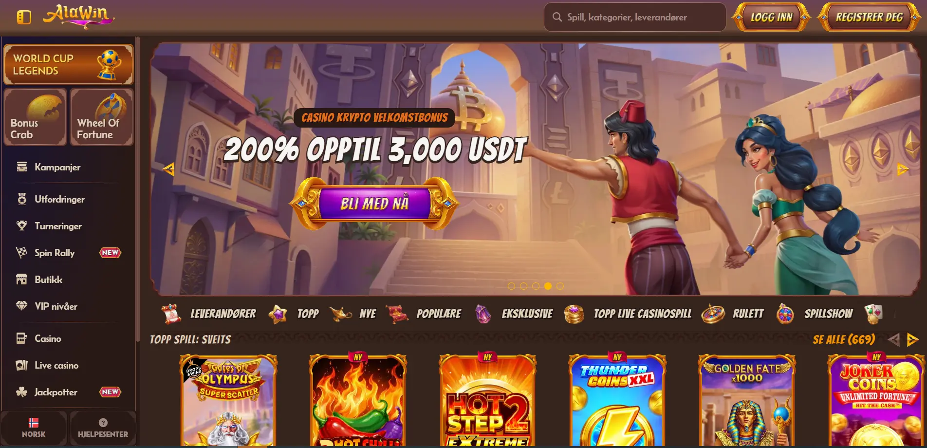 Alawin Casino-forside med bonusbanner og utvalgte casinospill