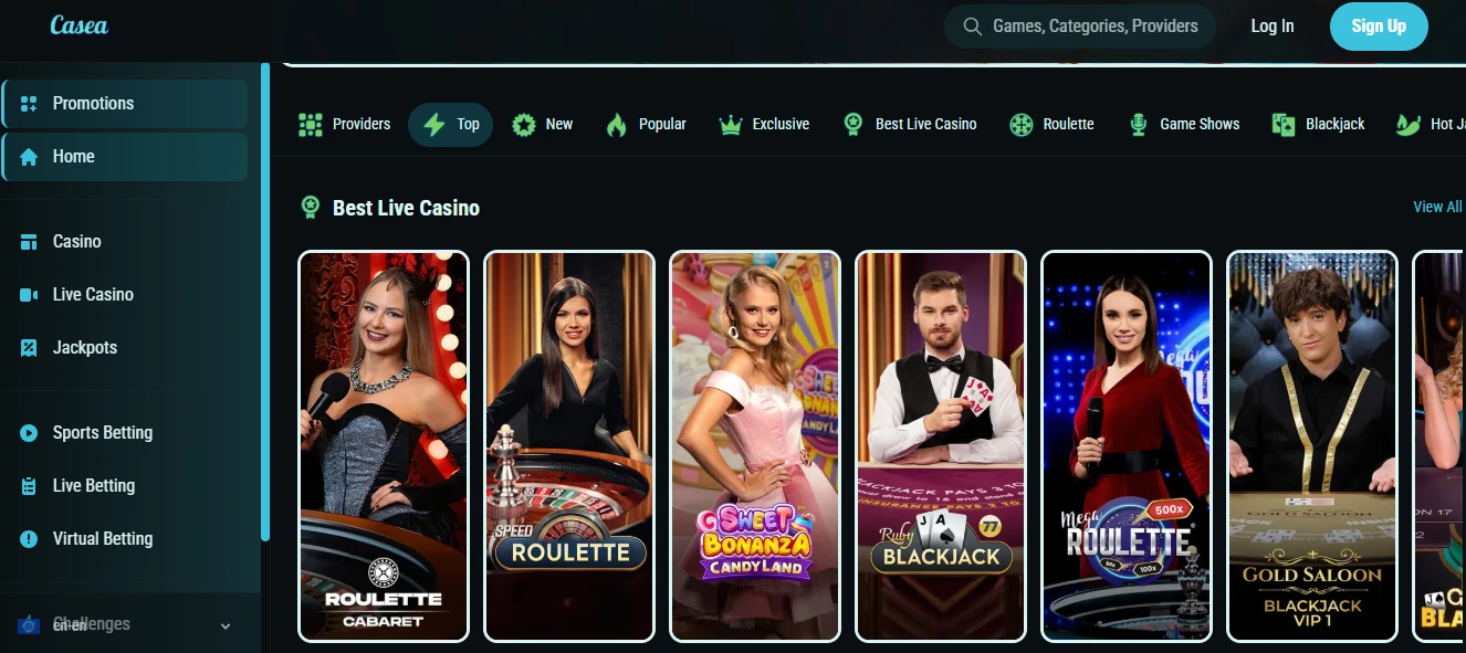 Casea Casino-side med utvalg av live casinospill