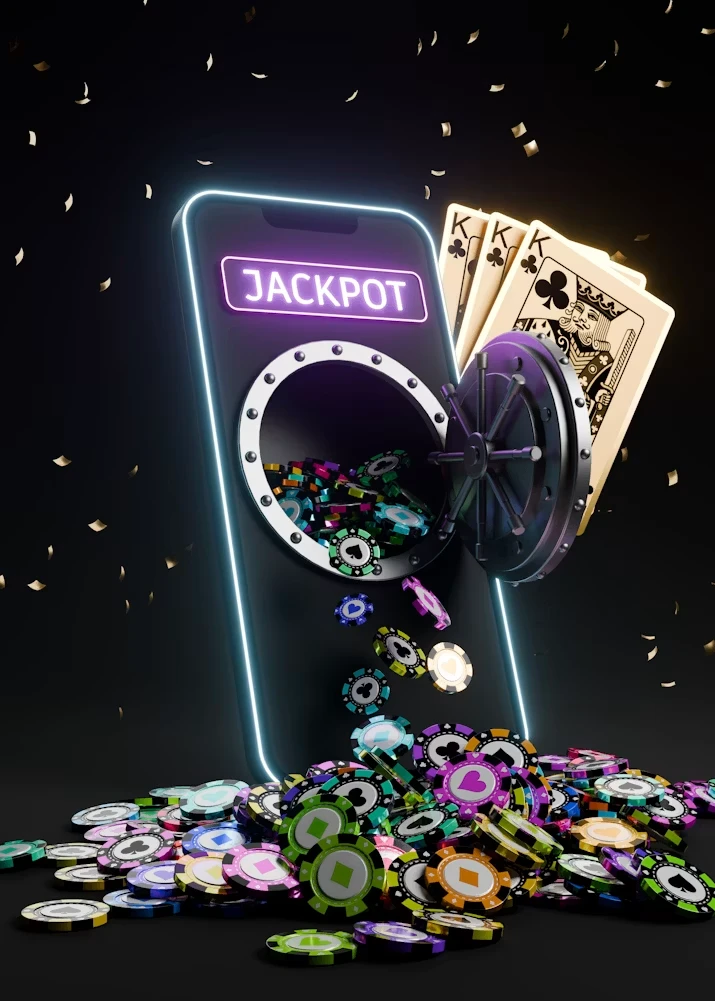 Mobiltelefon med jackpot, casinochips og spillkort