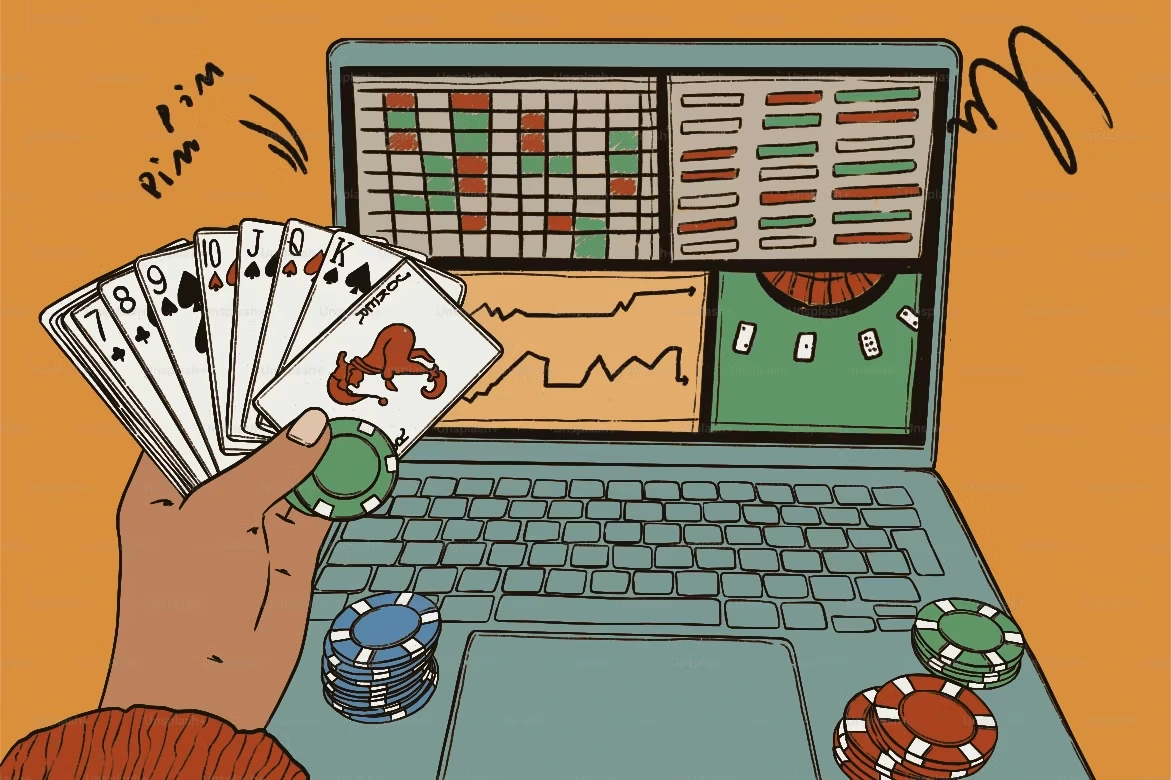 Hånd med pokerkort foran en bærbar PC og casinochips