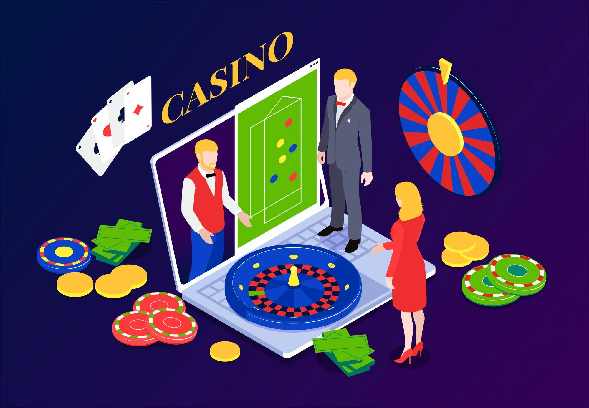 Isometrisk nettcasino med rulett, kort, chips og croupier