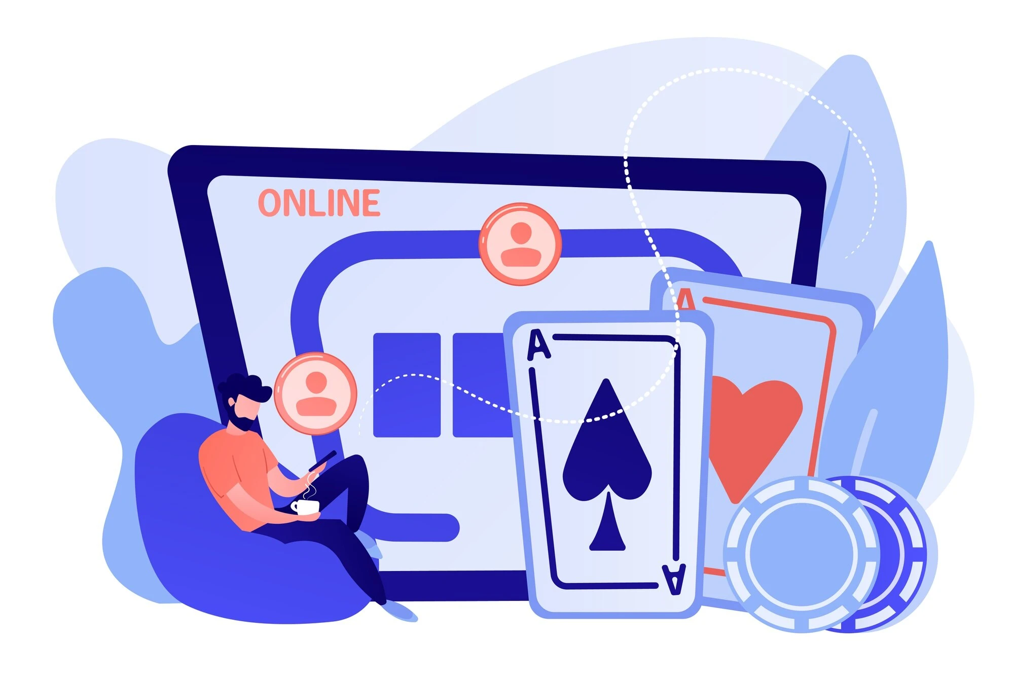 Illustrasjon av nettpoker med mobil, kort og casinochips