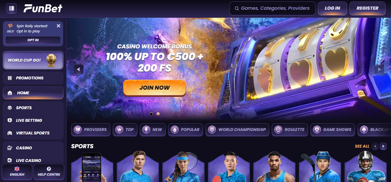 Funbet Casino-forside med velkomstbonus og spilleautomater