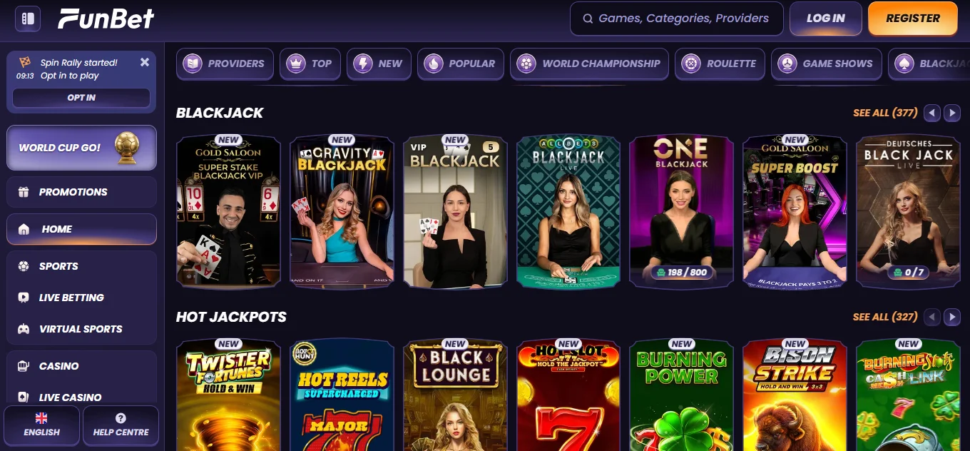 Funbet Casino-side med blackjack og populære casinospill