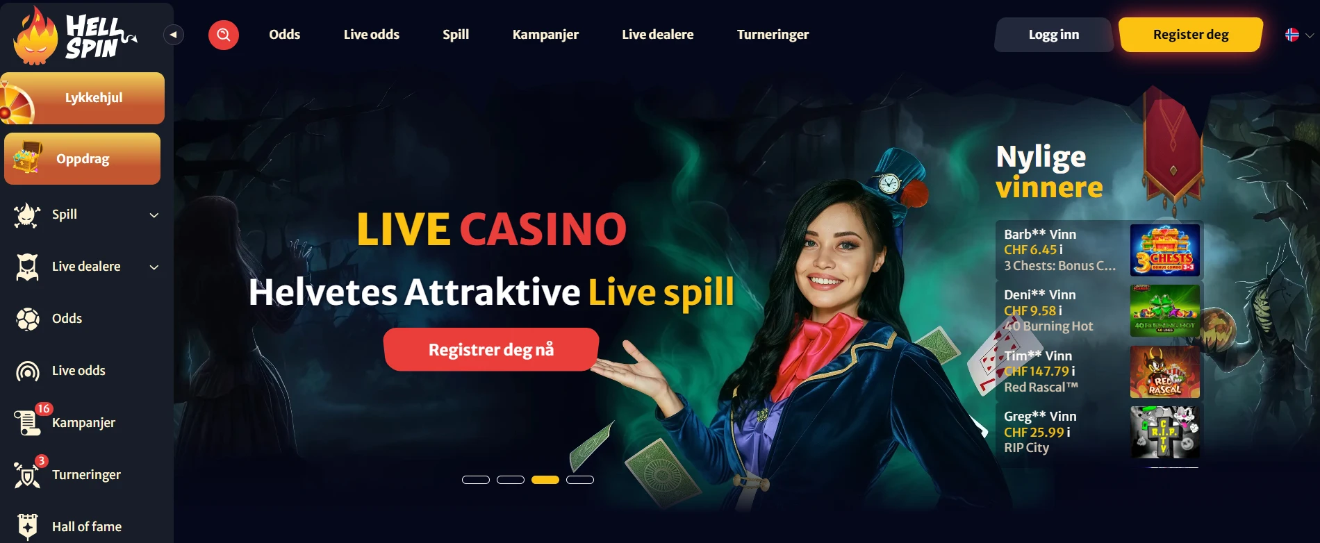 HellSpin Casino-forside med live casino-banner