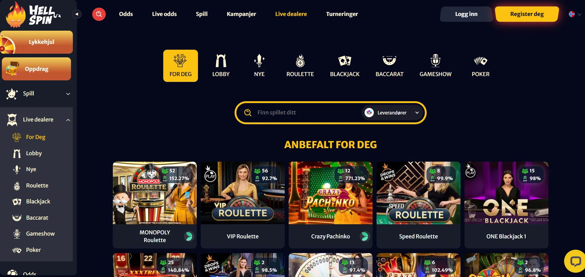 HellSpin Casino-lobby med bordspill og spilleautomater