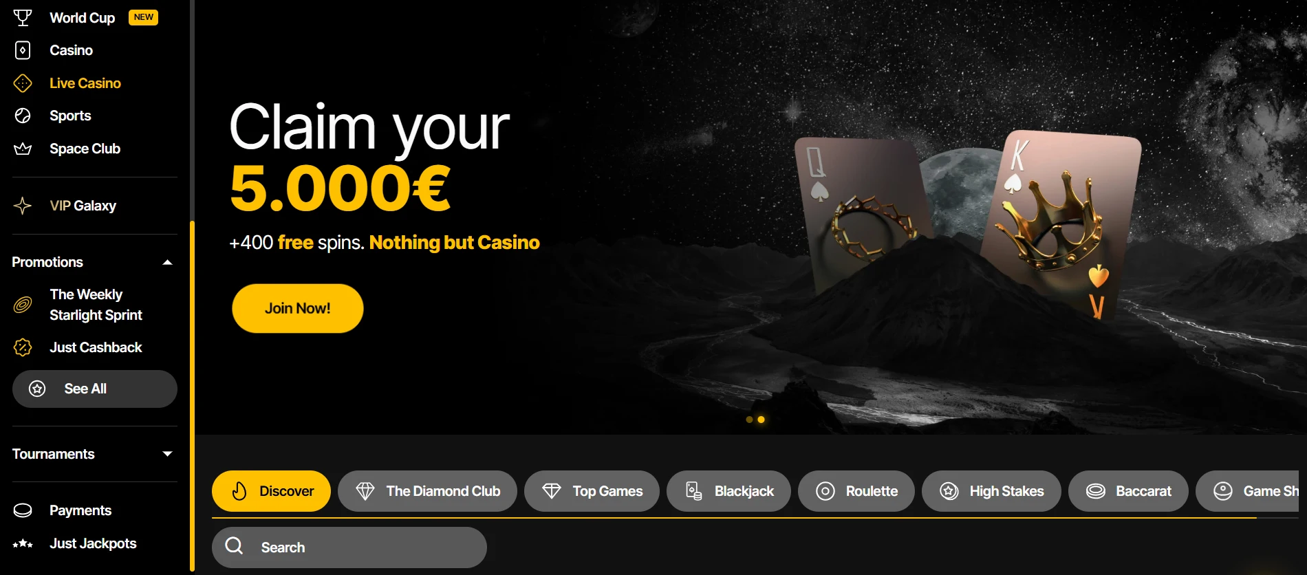 Just Casino-forside med velkomstbonus på 5000 euro