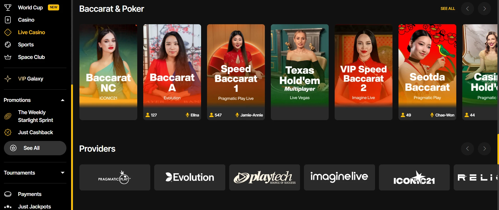 Just Casino-side med baccarat og live pokerbord