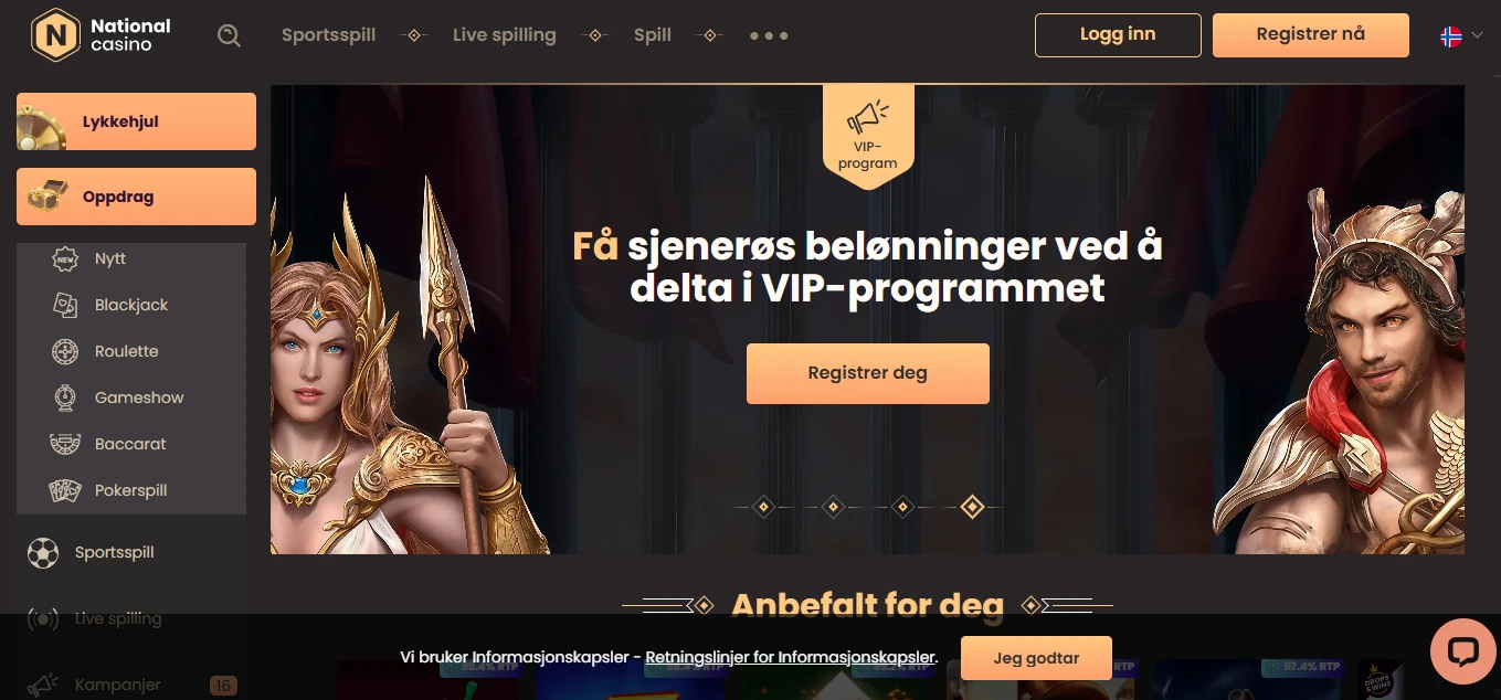 National Casino-forside med VIP-program og anbefalte spill