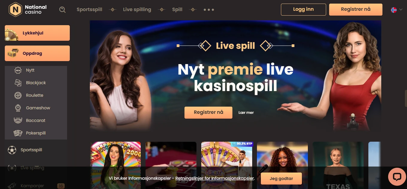 National Casino-side med live casinospill og croupierer
