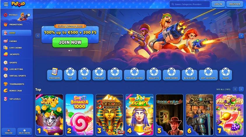 Pistolo Casino-forside med spilleautomater og bonus