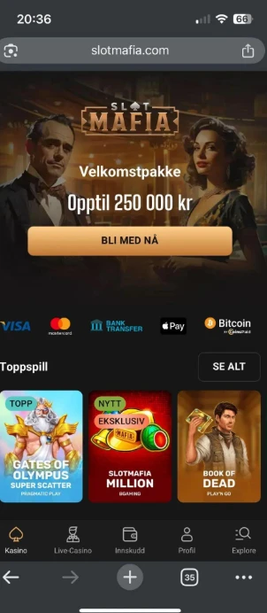 Mobilversjonen av SlotMafia Casino med velkomstbonus