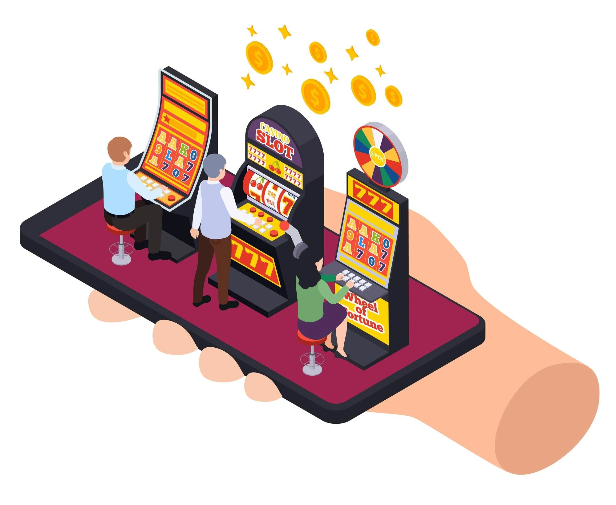 Hånd som holder mobilcasino med flere spilleautomater
