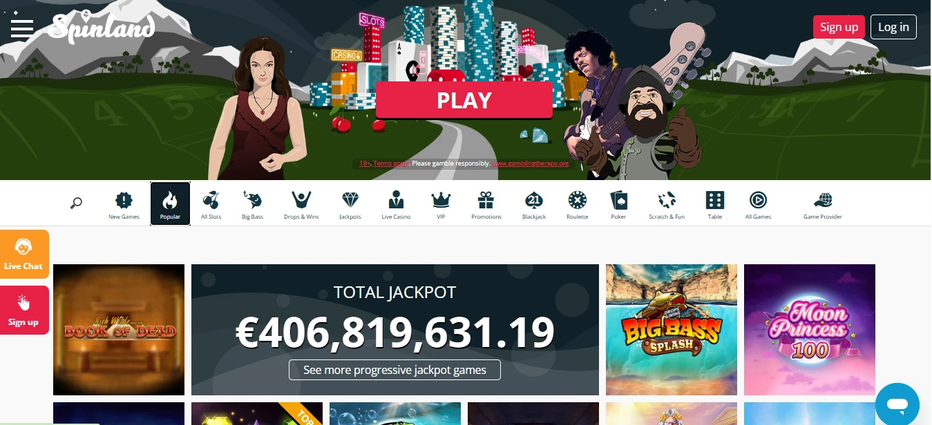 Spinlander Casino-forside med jackpot og casinospill