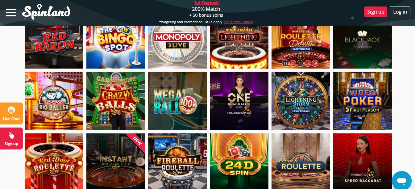 Spinlander Casino-side med spilleautomater og bordspill