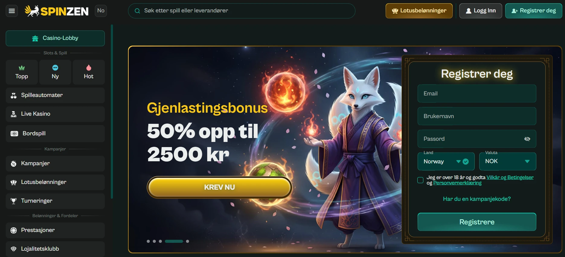 Spinzen Casino-side med registreringsbonus og magisk tema