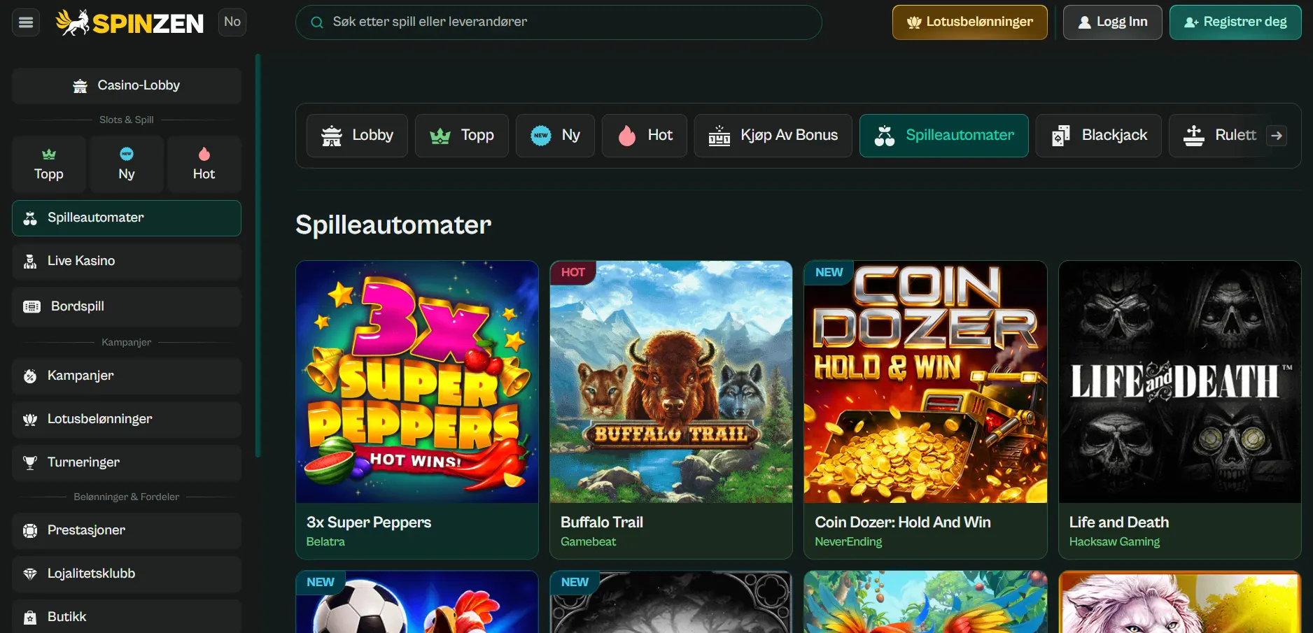 Spinzen Casino-side med populære spilleautomater