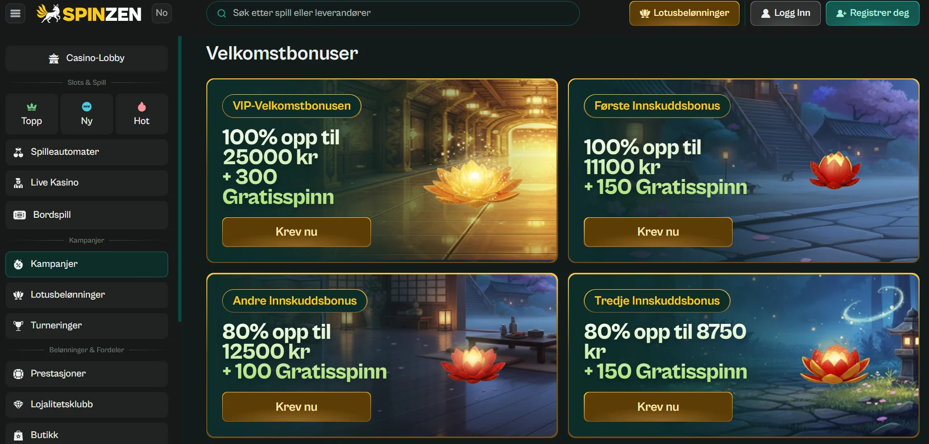 Spinzen Casino-side med velkomstbonuser og gratisspinn