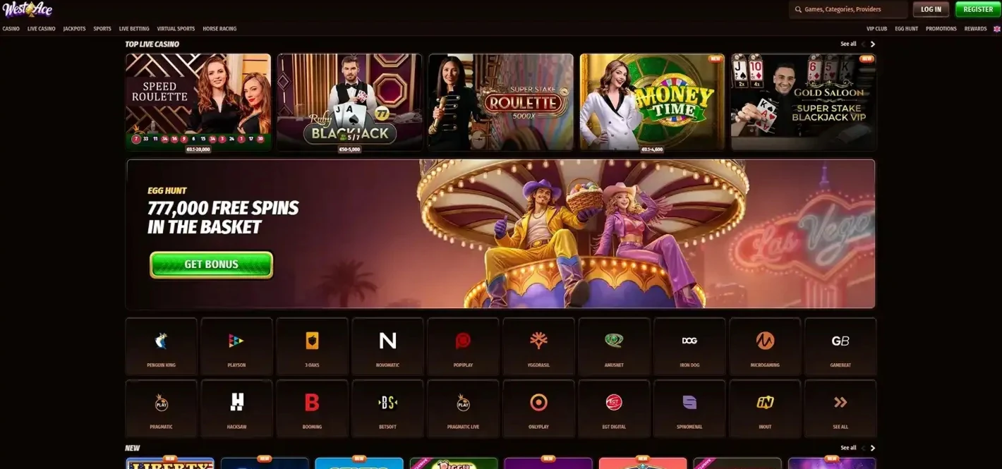 Westace Casino-forside med gratisspinn og spilleautomater