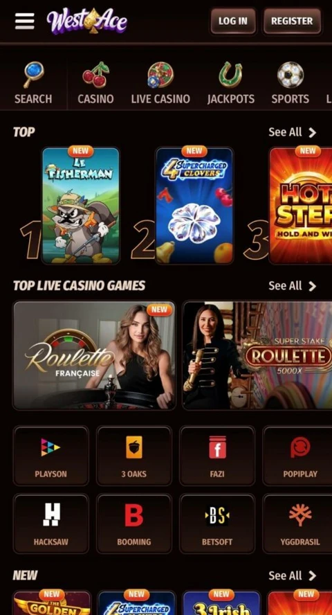 Mobilversjonen av Westace Casino med spillmeny