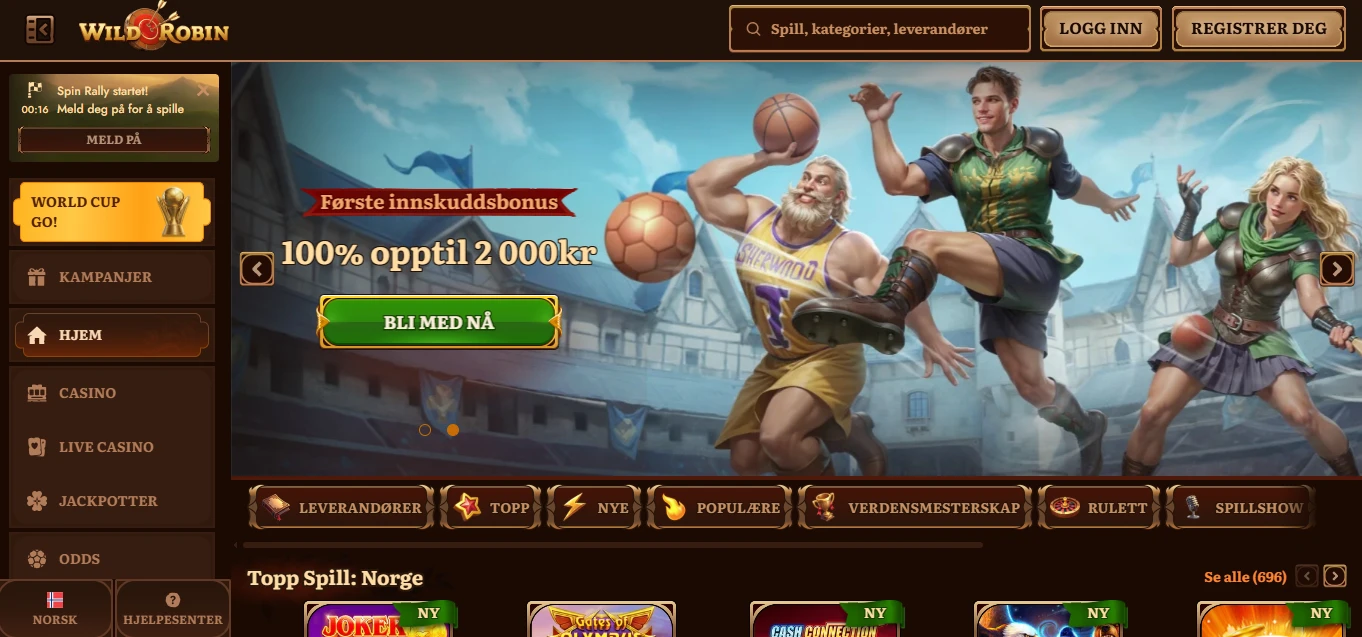 WildRobin Casino-forside med velkomstbonus og spilleautomater