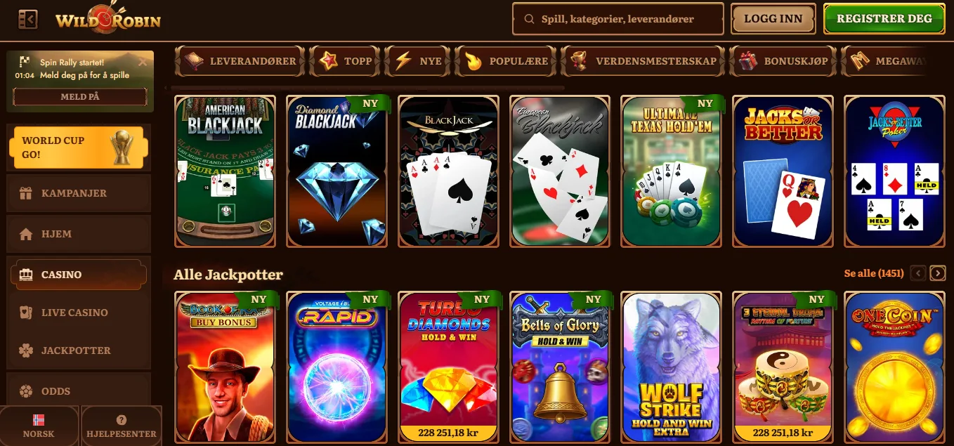WildRobin Casino-side med jackpotspill og spilleautomater